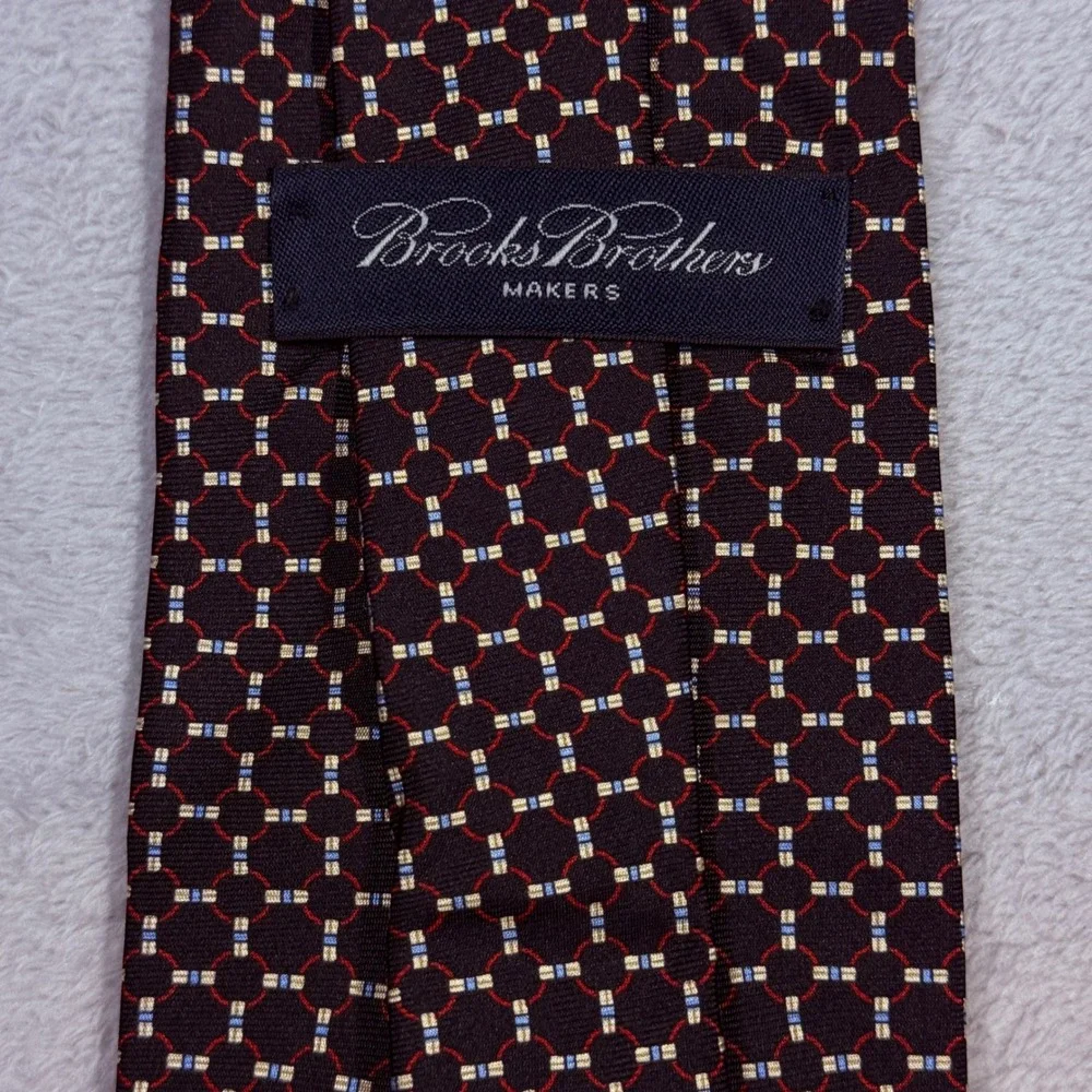 Brooks Brothers Silk Tie Mens OS Navy Geometric Makers Lattice Red Blue Necktie